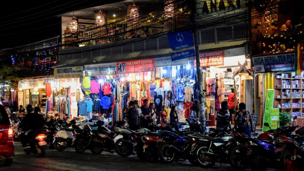 lakeside pokhara shops at night.